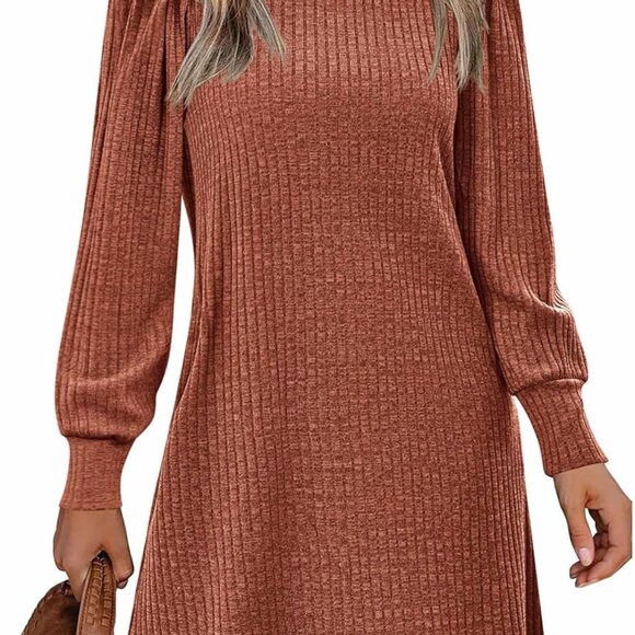 Dresses & Skirts - Caramel Women's Knit Dress with Puff Sleeves - Perfect for Fall & Winter